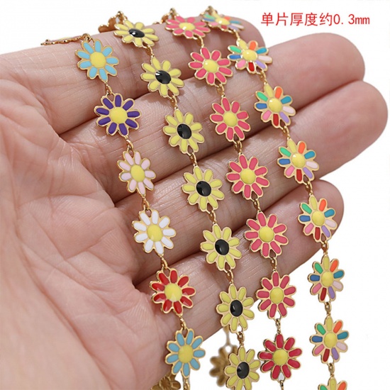 Picture of 304 Stainless Steel Handmade Link Chain Flower Gold Plated Multicolor Enamel 10mm
