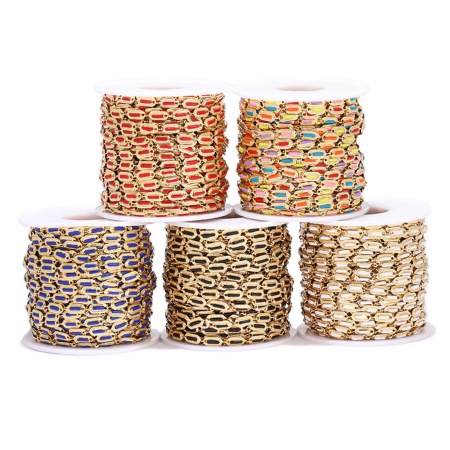 304 Stainless Steel Handmade Link Chain Rectangle Gold Plated Multicolor Enamel 4.5mm