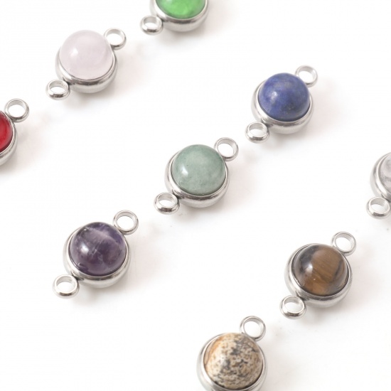Picture of 304 Stainless Steel & Gemstone Connectors Silver Tone Multicolor Round 18mm x 10mm