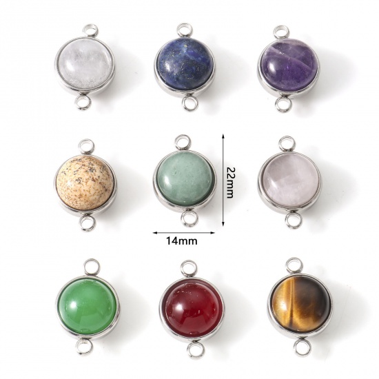 Picture of 304 Stainless Steel & Gemstone Connectors Silver Tone Multicolor Round 22mm x 14mm