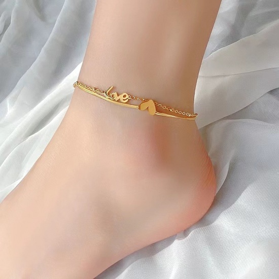 Picture of 304 Stainless Steel Stylish Link Chain Multilayer Layered Anklet Multicolor Heart Message " LOVE " 20cm(7 7/8") long 