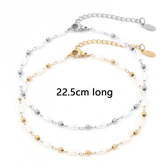 Picture of 304 Stainless Steel Simple Handmade Link Chain Anklet White Imitation Pearl 22.5cm(8 7/8") long