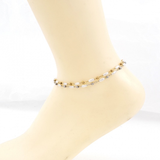 Picture of 304 Stainless Steel Simple Handmade Link Chain Anklet White Imitation Pearl 22.5cm(8 7/8") long