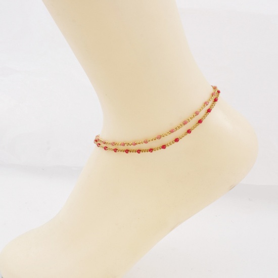 Picture of 304 Stainless Steel Simple Curb Link Chain Anklet Gold Plated Multicolor Enamel 23cm(9") long