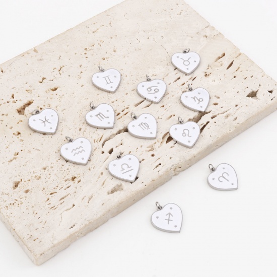 Picture of 304 Stainless Steel Valentine's Day Charms Silver Tone White Heart Constellation Enamel 18mm x 15mm