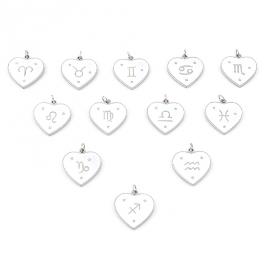 Picture of 304 Stainless Steel Valentine's Day Charms Silver Tone White Heart Constellation Enamel 18mm x 15mm