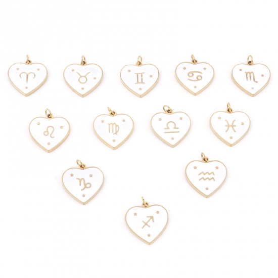 Picture of 304 Stainless Steel Valentine's Day Charms Gold Plated White Heart Constellation Enamel 18mm x 15mm