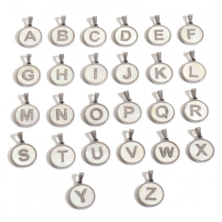304 Stainless Steel & Natural Shell Charm Pendant Silver Tone White Round Initial Alphabet/ Capital Letter Message " A-Z " 24mm x 16mm