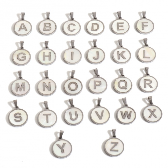 Picture of 304 Stainless Steel & Natural Shell Charm Pendant Silver Tone White Round Initial Alphabet/ Capital Letter Message " A-Z " 24mm x 16mm