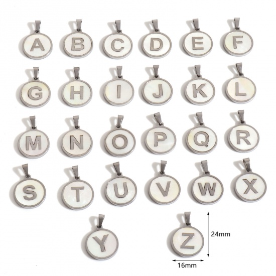 Picture of 304 Stainless Steel & Natural Shell Charm Pendant Silver Tone White Round Initial Alphabet/ Capital Letter Message " A-Z " 24mm x 16mm