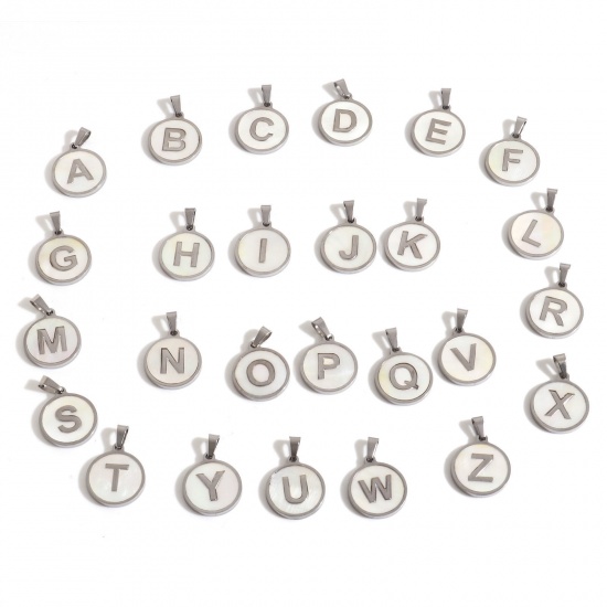 Picture of 304 Stainless Steel & Natural Shell Charm Pendant Silver Tone White Round Initial Alphabet/ Capital Letter Message " A-Z " 24mm x 16mm