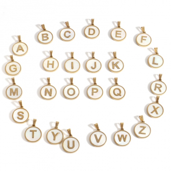 Picture of 304 Stainless Steel & Shell Charms Gold Plated White Round Initial Alphabet/ Capital Letter Message " A-Z " 24mm x 16mm