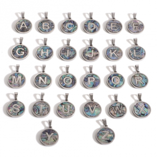 Picture of 304 Stainless Steel & Shell Charms Silver Tone Multicolor Round Initial Alphabet/ Capital Letter Message " A-Z " 24mm x 16mm