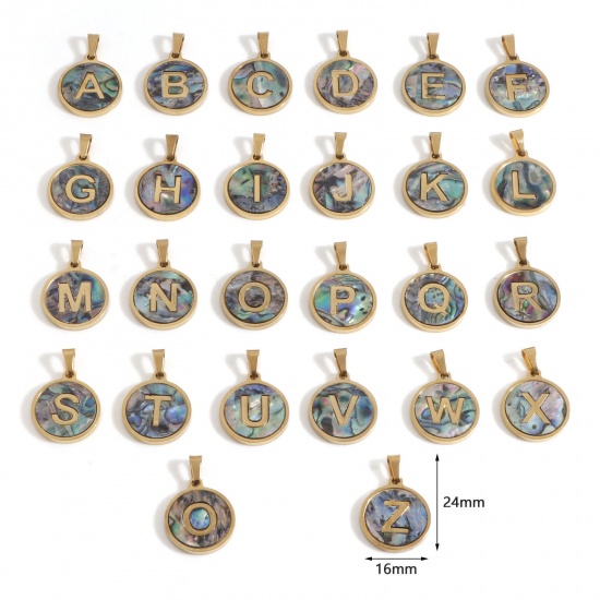 Picture of 304 Stainless Steel & Shell Charms Gold Plated Multicolor Round Initial Alphabet/ Capital Letter Message " A-Z " 24mm x 16mm