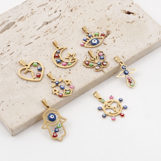 Picture of 304 Stainless Steel Religious Charms Gold Plated Multicolor Evil Eye Enamel