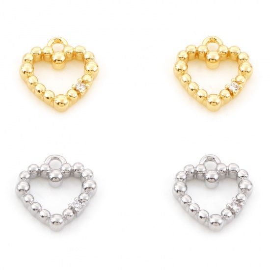 Imagen de Latón día de San Valentín Colgantes Charms Corazón Oro Real Chapado Micro Pave Claro Circón Artificial 12mm x 11mm, 2 Unidades