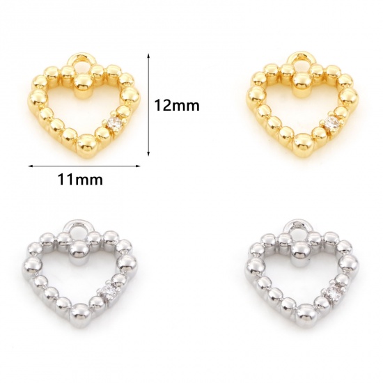 Imagen de Latón día de San Valentín Colgantes Charms Corazón Oro Real Chapado Micro Pave Claro Circón Artificial 12mm x 11mm, 2 Unidades