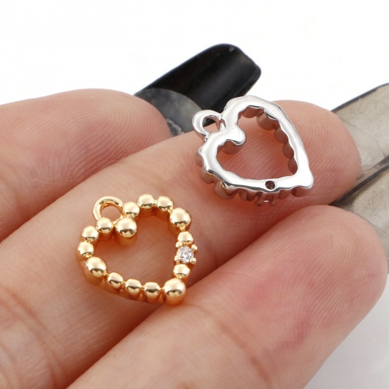 Imagen de Latón día de San Valentín Colgantes Charms Corazón Oro Real Chapado Micro Pave Claro Circón Artificial 12mm x 11mm, 2 Unidades