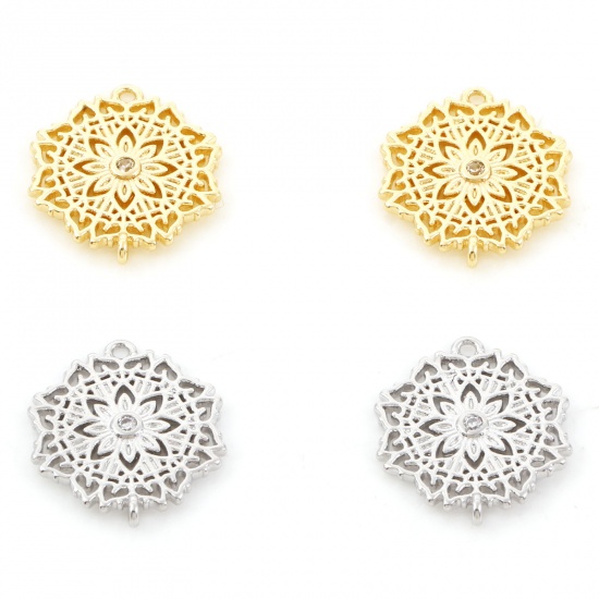 Picture of Brass Connectors Real Gold Plated Flower Micro Pave Clear Cubic Zirconia 17mm x 14mm