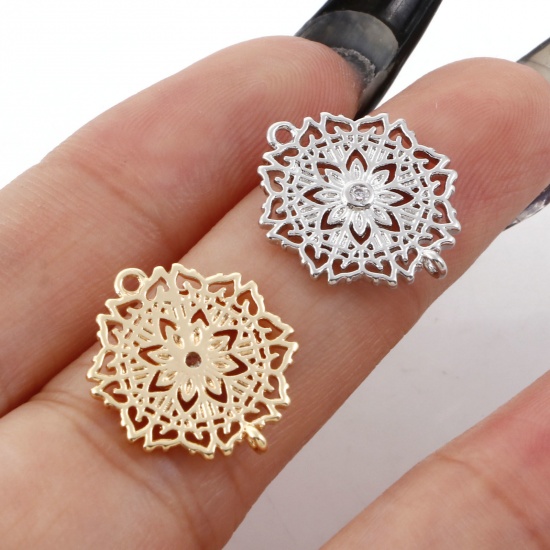 Picture of Brass Connectors Real Gold Plated Flower Micro Pave Clear Cubic Zirconia 17mm x 14mm