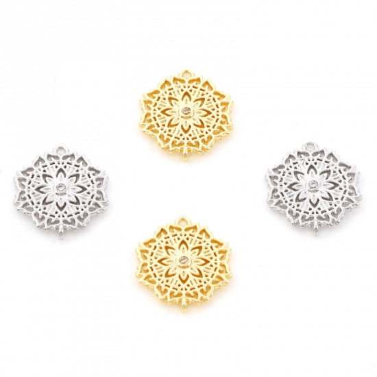 Picture of Brass Connectors Real Gold Plated Flower Micro Pave Clear Cubic Zirconia 17mm x 14mm