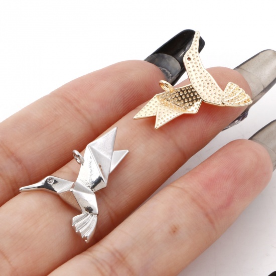 Picture of Brass Origami Charms Hummingbird Real Gold Plated Micro Pave Clear Cubic Zirconia 22mm x 17mm                                                                                                                                                                 