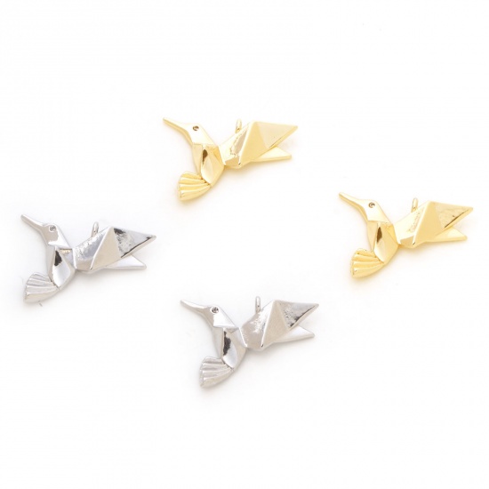 Picture of Brass Origami Charms Hummingbird Real Gold Plated Micro Pave Clear Cubic Zirconia 22mm x 17mm                                                                                                                                                                 