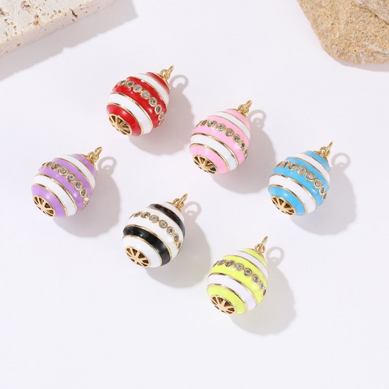 Picture of Brass Easter Day Charms Gold Plated Multicolor Egg Enamel Clear Cubic Zirconia 22mm x 15.7mm                                                                                                                                                                  