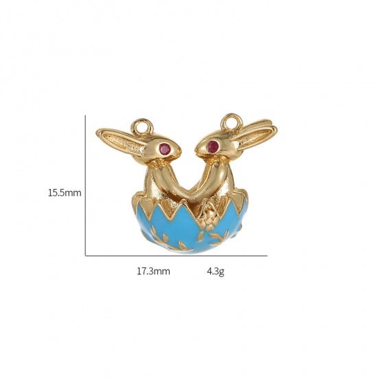 Picture of Brass Easter Day Charms Gold Plated Multicolor Rabbit Animal Enamel Fuchsia Cubic Zirconia 17.3mm x 15.5mm                                                                                                                                                    