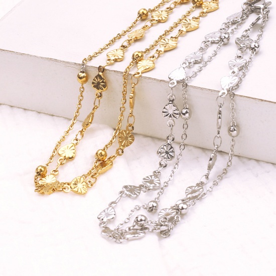 Picture of 304 Stainless Steel Stylish Link Chain Multilayer Layered Anklet Multicolor Heart 24cm(9 4/8") long