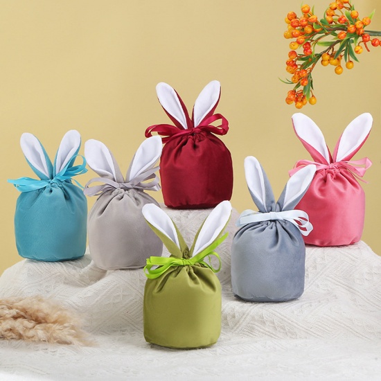 Picture of Velvet Easter Day Drawstring Bags Multicolor Rabbit Ears 15cm x 13.5cm