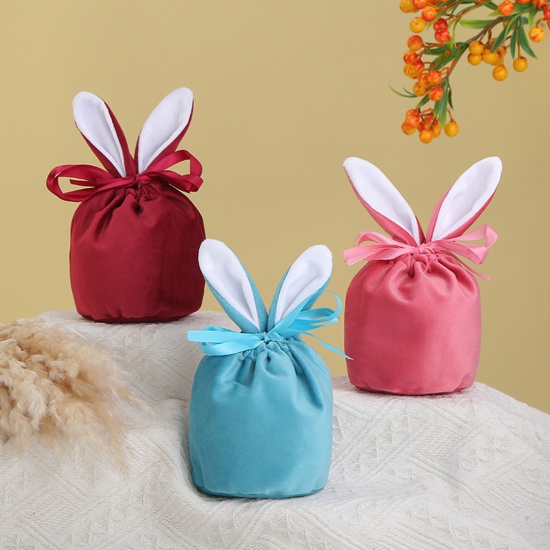 Picture of Velvet Easter Day Drawstring Bags Multicolor Rabbit Ears 15cm x 13.5cm