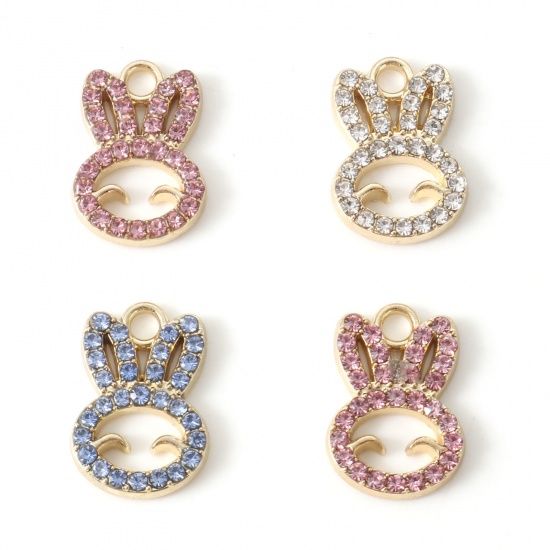 Picture of Zinc Based Alloy Easter Day Charms Gold Plated Rabbit Animal Hollow Multicolor Rhinestone 17mm x 12mm
