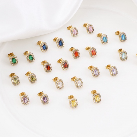 Picture of 304 Stainless Steel Birthstone Ear Post Stud Earrings Gold Plated Rectangle Micro Pave 11mm x 8.5mm