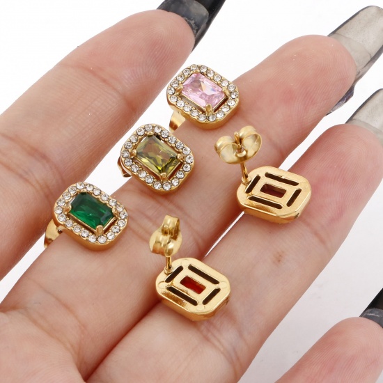 Picture of 304 Stainless Steel Birthstone Ear Post Stud Earrings Gold Plated Rectangle Micro Pave 11mm x 8.5mm