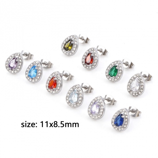 Bild von 304 Edelstahl Monatsstein Ohrring Ohrstecker Silberfarbe Tropfen Micro Pave 11mm x 8.5mm, Drahtstärke: (20 gauge), 1 Paar