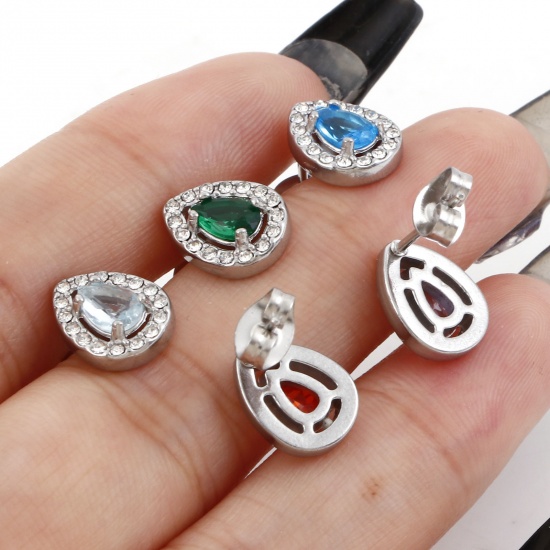 Bild von 304 Edelstahl Monatsstein Ohrring Ohrstecker Silberfarbe Tropfen Micro Pave 11mm x 8.5mm, Drahtstärke: (20 gauge), 1 Paar