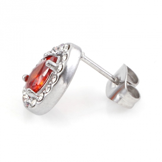 Bild von 304 Edelstahl Monatsstein Ohrring Ohrstecker Silberfarbe Tropfen Micro Pave 11mm x 8.5mm, Drahtstärke: (20 gauge), 1 Paar