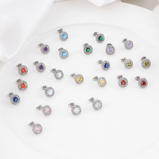 Picture of 304 Stainless Steel Birthstone Ear Post Stud Earrings Silver Tone Square Micro Pave 10mm x 10mm