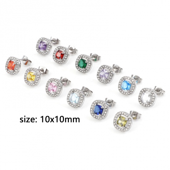 Picture of 304 Stainless Steel Birthstone Ear Post Stud Earrings Silver Tone Square Micro Pave 10mm x 10mm