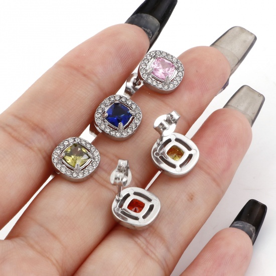 Picture of 304 Stainless Steel Birthstone Ear Post Stud Earrings Silver Tone Square Micro Pave 10mm x 10mm