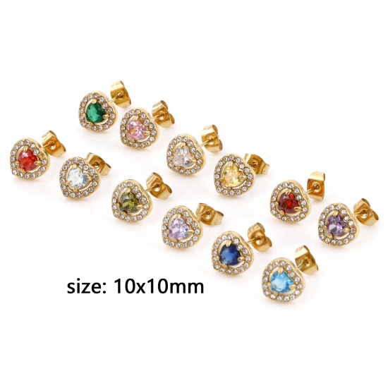 Picture of 304 Stainless Steel Birthstone Ear Post Stud Earrings Gold Plated Heart Micro Pave 10mm x 10mm