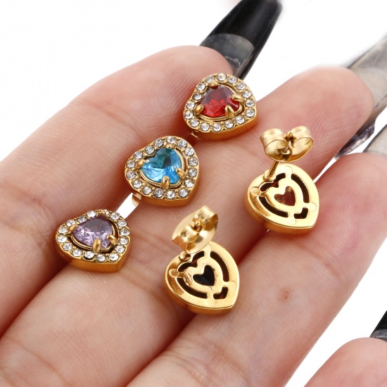 Picture of 304 Stainless Steel Birthstone Ear Post Stud Earrings Gold Plated Heart Micro Pave 10mm x 10mm