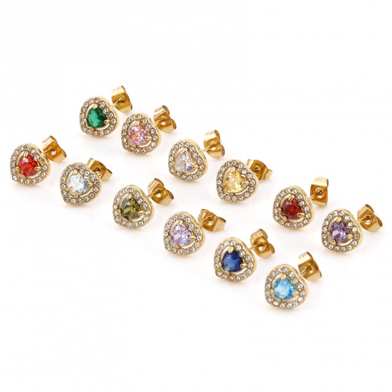 Picture of 304 Stainless Steel Birthstone Ear Post Stud Earrings Gold Plated Heart Micro Pave 10mm x 10mm