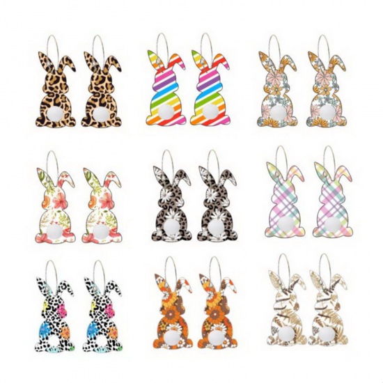 Picture of Wood Easter Day Earrings Silver Tone Multicolor Rabbit Animal
