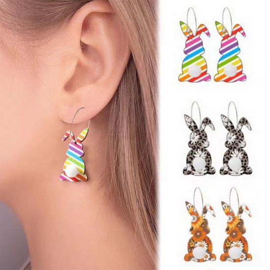 Picture of Wood Easter Day Earrings Silver Tone Multicolor Rabbit Animal
