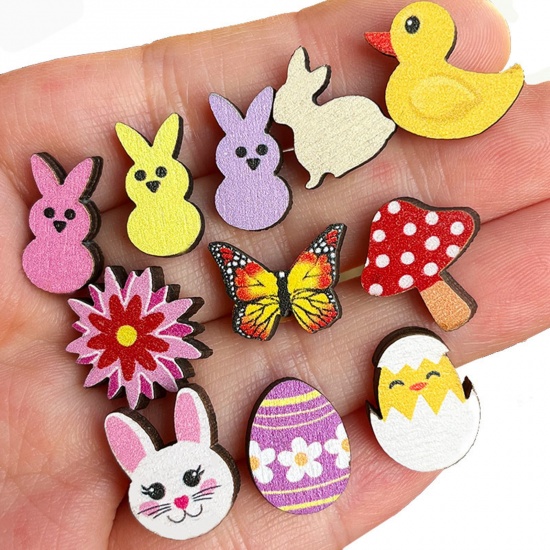 Picture of Wood Easter Day Ear Post Stud Earrings Multicolor Rabbit Animal 1.6cm