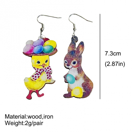 Picture of Wood Easter Day Ear Wire Hook Earrings Silver Tone Multicolor Rabbit Animal