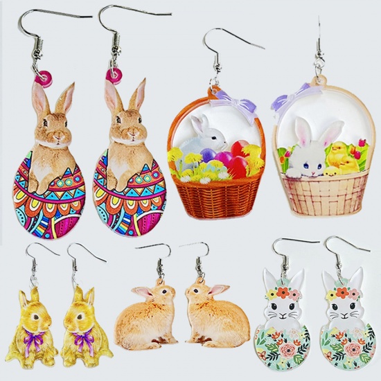 Picture of Acrylic Easter Day Ear Wire Hook Earrings Silver Tone Multicolor Rabbit Animal Easter Egg