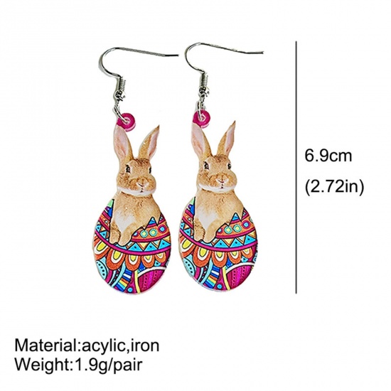 Picture of Acrylic Easter Day Ear Wire Hook Earrings Silver Tone Multicolor Rabbit Animal Easter Egg